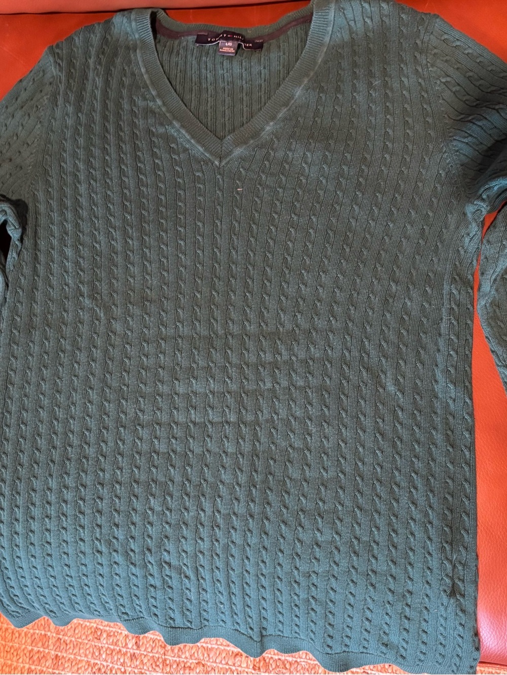 Tommy Hilfiger Women's Forest Green 100% Cotton Cable-Knit V-Neck Sweater